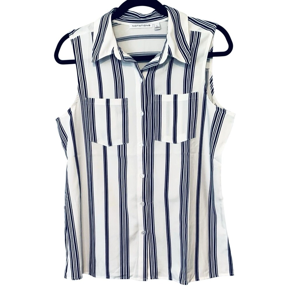 Notations Sleeveless Collared Button-Up Blouse Blue & White Striped - Size Lg